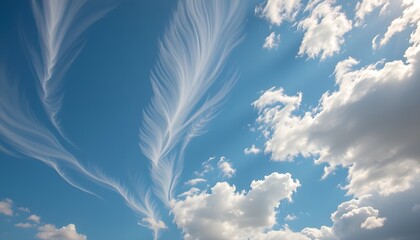 Bright blue sky featuring fluffy white cumulus clouds and delicate, feather-shaped cirrus clouds, creating a serene and airy atmosphere on a sunny day