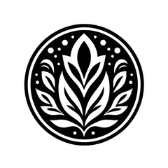 Black and White Floral Emblem in Circle, Minimalist Design