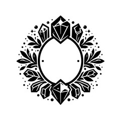 Obraz premium Black and White Crystal & Leafy Wreath Emblem, Vector Illustration