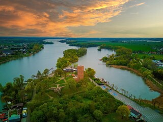 Aerial view of  Mouse Tower and Goplo Lake in Kruszwica, Poland. © Robert