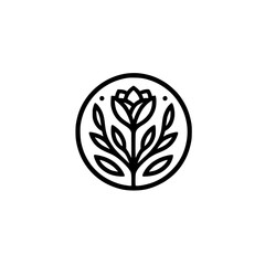 Minimalist Floral Logo: Rose Bloom in Circle, Black on White