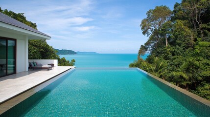 Obraz premium Serene Modern Villa with Infinity Pool Overlooking Tropical Ocean