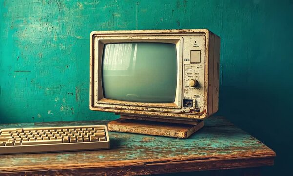 Vintage CRT Monitor and Old Beige Keyboard on Rustic Wooden Desk Retro 90s Style Created with Generative AI Technology