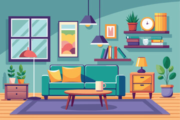 Illustration of a modern living room featuring a cozy sofa, vibrant decor, indoor plants, and stylish furniture creating a relaxing atmosphere.