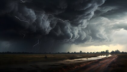 Powerful storm clouds gathering with visible lightning bolts striking above a vast open field during a colorful sunset, creating intense and dramatic natural weather scene