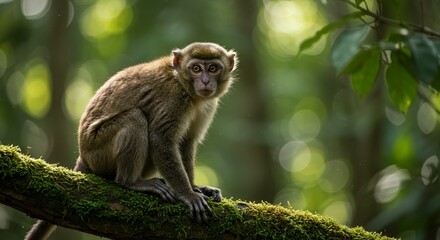 Fototapeta premium Monkey Sitting on Mossy Branch Staring in Lush Green Forest