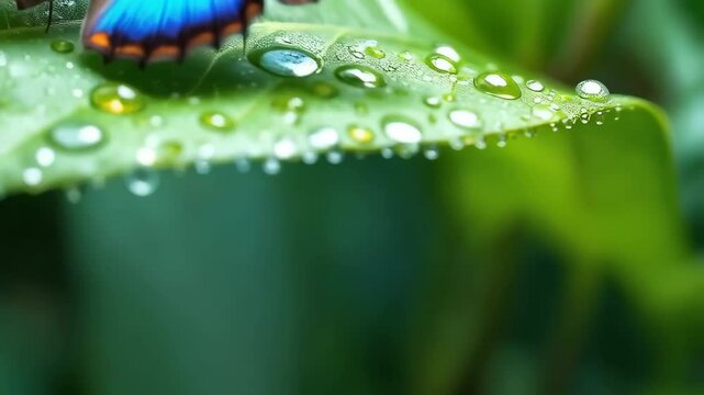 Vibrant Blue Morpho Butterfly on Dew Covered Leaf in Lush Green Nature