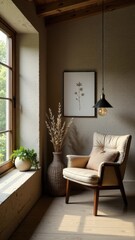 Cozy rustic living room corner with armchair, large window, pendant light, and indoor plants.