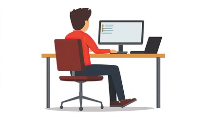 A man in a light blue shirt sits at a modern desk, focused on typing on a keyboard.