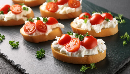Tasty finger food spread with mascarpone cheese and tomatoes. Small sandwiches for dinner. Delicious appetizer, closeup. Gourmet snack, party food.