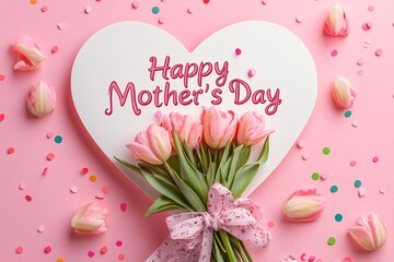 A heartfelt Mother's Day message nestled in a bouquet of pink tulips against a soft pink backdrop with confetti.