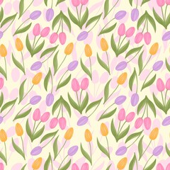 Seamless floral pattern with hand-drawn tulips in pink, yellow, and purple. Spring-themed botanical background for fabric, wallpaper, or wrapping paper. Elegant and soft pastel design.