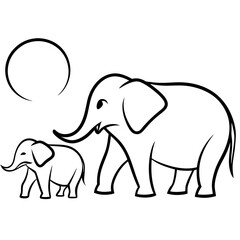 Elephant and baby walking at Sunset