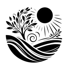 Stylized Nature Silhouette: Sun, Tree, and Fields.