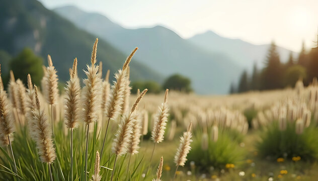Field of pampas grass with mountain backdrop in soft sunlight, potrait of wheat field in morning, mountains background, outdoor scenery, nature landscape 