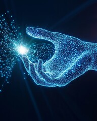Finger touch position human. A digital hand reaches out, emitting a burst of light, symbolizing innovation and technology through a network of glowing particles.