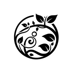Elegant Floral Emblem: Black & White Leafy Design in a Circle