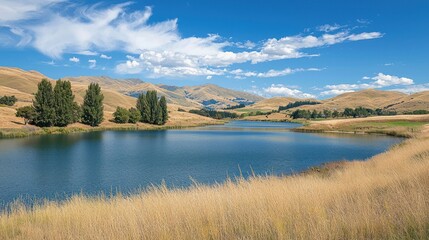 A panoramic view of a tranquil countryside, with rolling hills and a peaceful lake, embodying a beautiful destination.