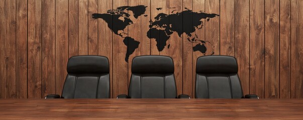 Modern Conference Room with World Map and Black Leather Chairs
