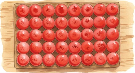 Red spheres neatly arranged wooden tray soft light. AI Generated