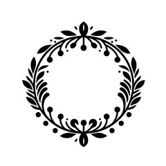 Elegant Black & White Floral Wreath Illustration: Decorative Circle Frame