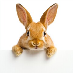 Obraz premium Cute rabbit with large ears peeking over a white surface backdrop