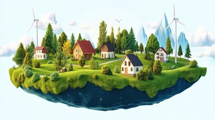 3D low-poly isometric eco village on floating island, wind turbines spinning, green energy scenery 