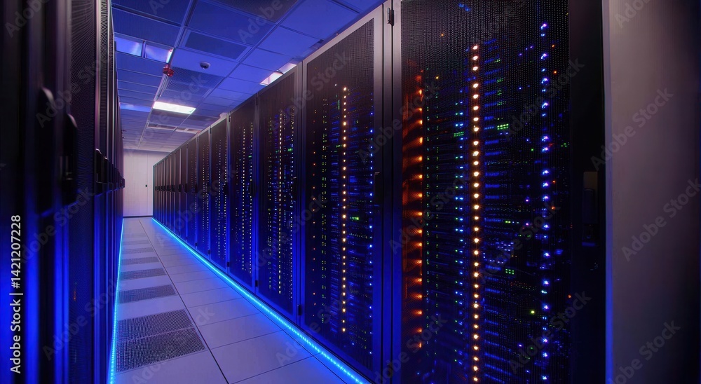 Poster data center with server racks and illuminated technology features