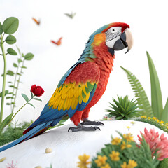 Obraz premium A colorful red, yellow, and blue macaw parrot perched on a branch in a tropical setting