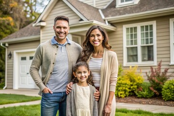Happy Family in Front of Modern Beige House with Artificial Grass – Outdoor Portrait