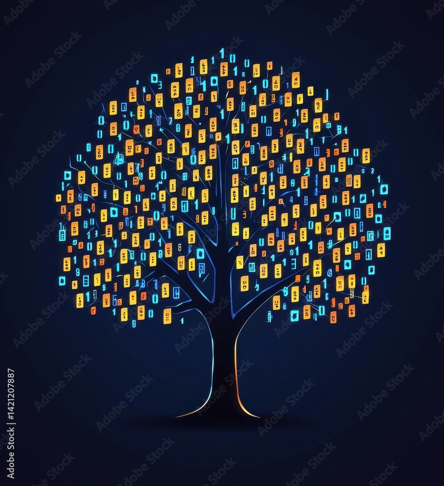 Poster colorful artistic tree design with digital icons and elements