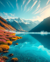 Obraz premium Hyper-realistic landscape with snow-capped mountains and misty reflections of tranquil lake beauty. 