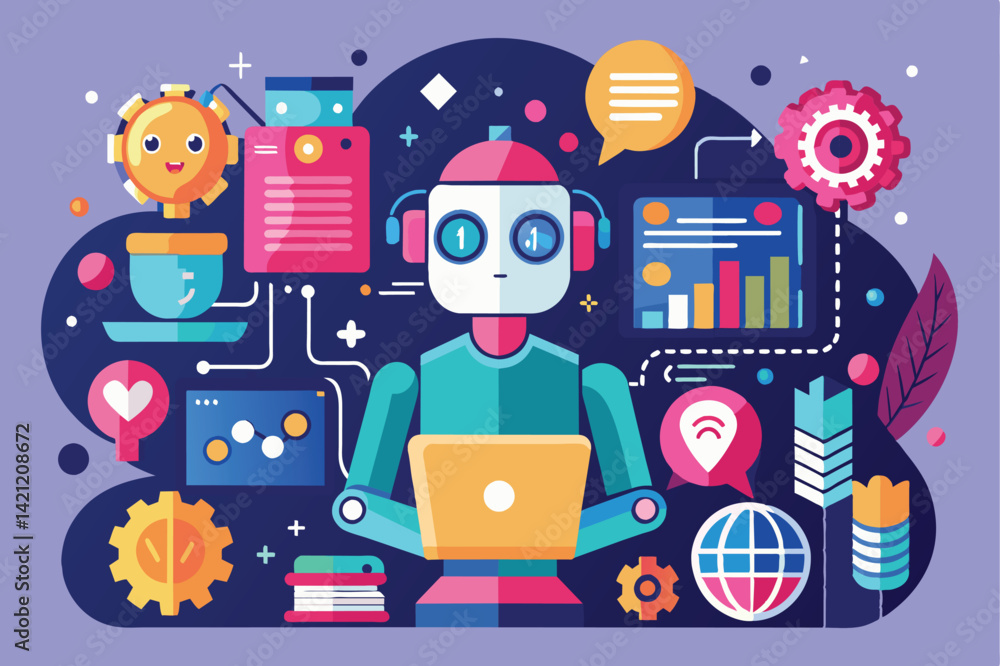 Poster illustration of a vibrant ai robot in a tech environment, surrounded by technology and communication