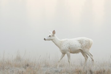 Obraz premium A stunning albino deer cautiously walking through a misty forest at dawn