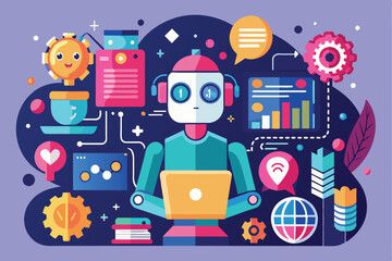 Obraz premium Illustration of a vibrant AI robot in a tech environment, surrounded by technology and communication icons, symbolizing innovation and digital connection.