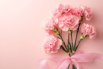 A delicate bouquet of soft pink carnations, tied with a ribbon, a symbol of gentle love and sweet affection against a pale pink background.