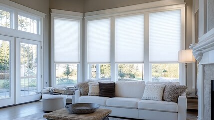 Fototapeta premium Elegant Living Room with Modern Cellular Shades enhancing natural light and providing privacy