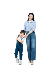 Full body image of Asian mother and boy  posing on the background