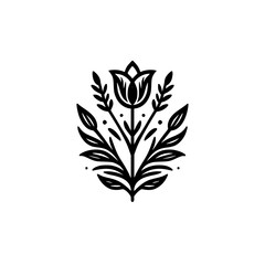 Elegant Floral Line Art: Black Tulip with Leaves, Minimalist Design