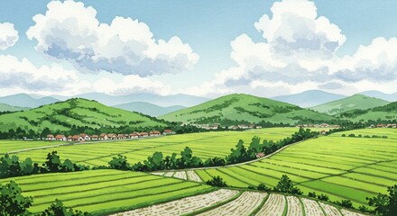 Obraz premium Serene Green Valley Sunlight Bathes Lush Landscape. AI Generated