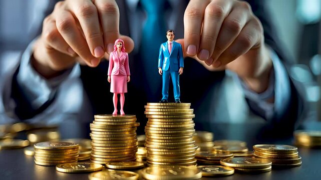 Businessperson placing figurines on gold coins representing income gender inequality