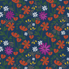 A seamless floral pattern featuring blossoms, elaborate nature elements. Perfect for fashion, fabric and wallpaper. Colorful hand draw flower ideal for spring and summer.