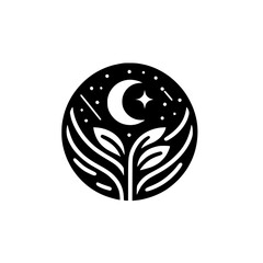 Celestial Bloom: Minimalist Crescent Moon & Plant Logo in Black & White