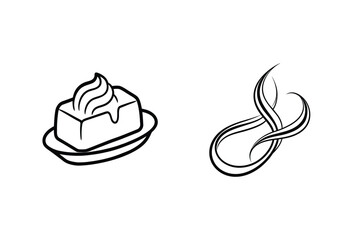 Line Art Dessert With Cream And Abstract Flowing Ribbon Vector Illustration
