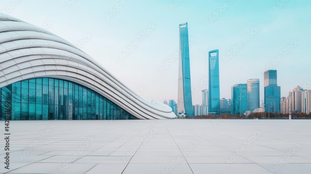Poster modern architecture with curved design and skyscrapers in urban setting
