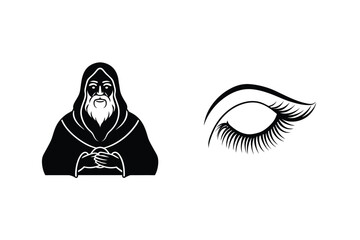 Wizard Holding Orb And Elegant Eye With Long Eyelashes Black Vector
