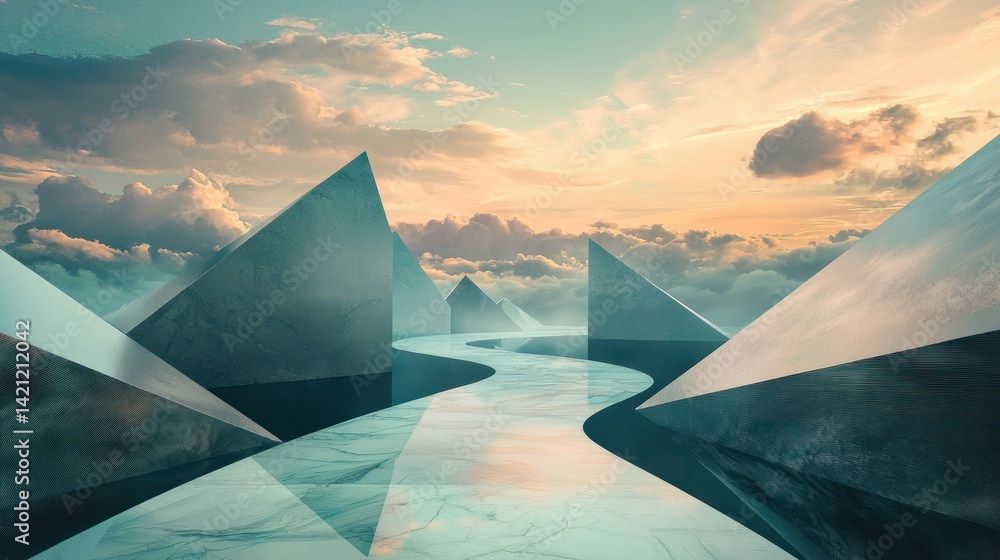 Poster a surreal landscape with geometric shapes and a journey path, representing the abstract concept of a
