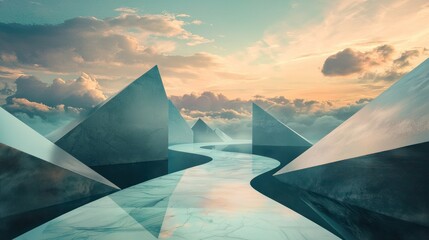 A surreal landscape with geometric shapes and a journey path, representing the abstract concept of a travel destination.