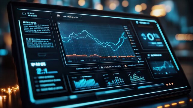 Global economy China stock market impact Futuristic data analytics dashboard with graphs and metrics.