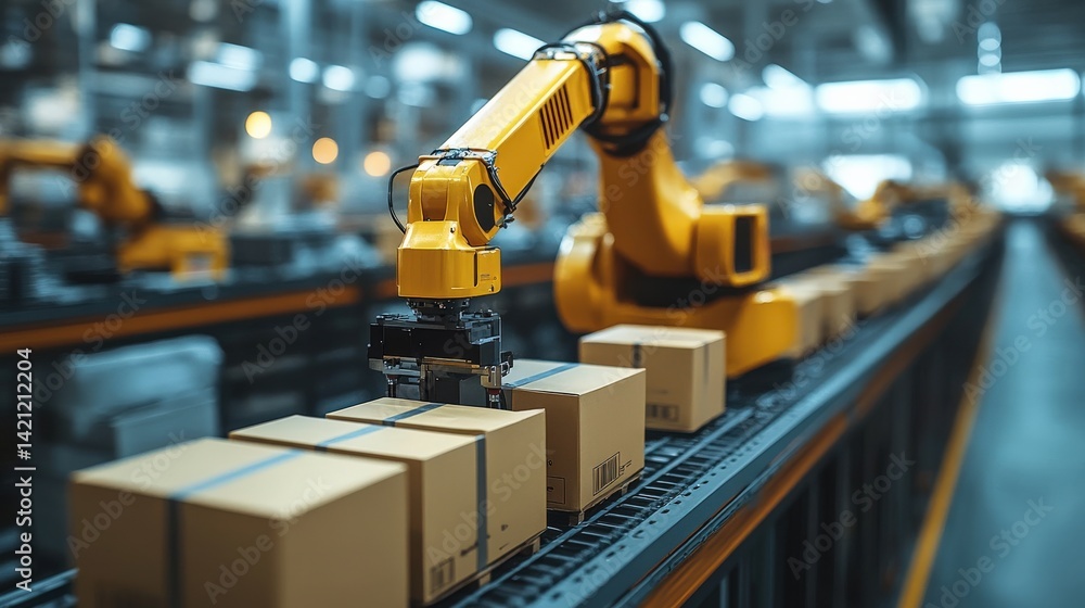 Poster industrial robotic arm efficiently sorting and packaging boxes in a modern warehouse environment